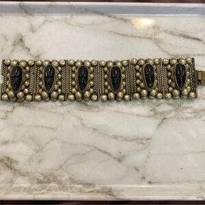 Antique 1940s Hinged Silver and Onyx Cameo Bracelet